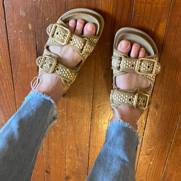 Zara slides with chunky gold buckles / leather and woven fabric - Picture 2 of 7